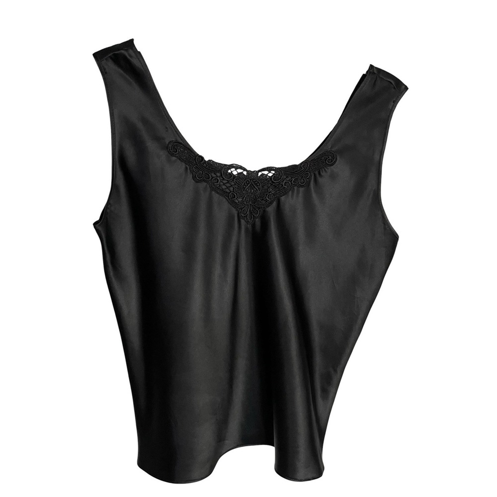 Vintage Escapades Womens Satin Tank Top Size S Black Embroidered Whimsigoth USA‎